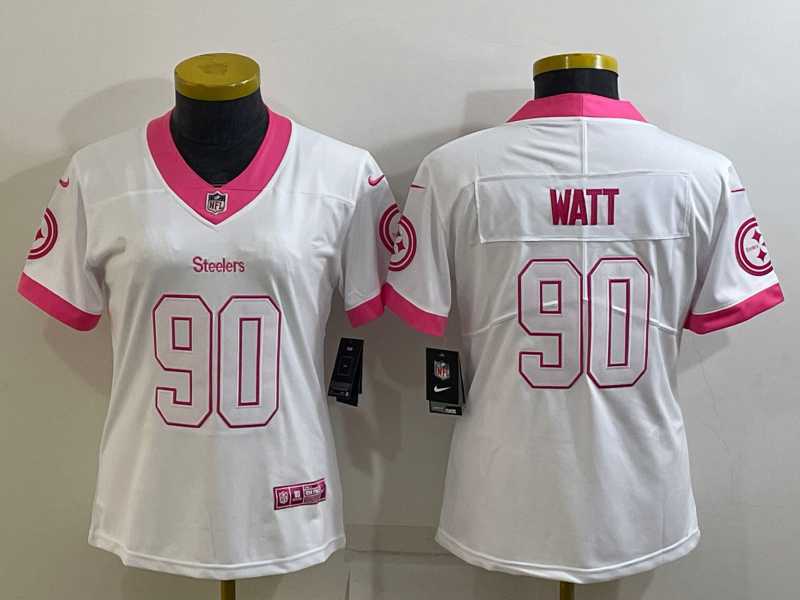 Women%27s Pittsburgh Steelers #90 TJ Watt White Pink Vapor Untouchaable Limited Stitched Jersey